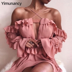 Yimunancy 2019 Autumn Ruffle Off Shoulder Dress Women Backless Holiday Boho Dress Ladies Sexy Chiffon Dress Vestidos Robes