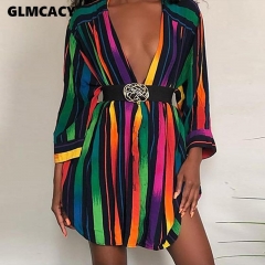 Women Casual Color Block Rainbow Sexy Turn Down Collar Striped Tropical Night Club Holiday Beach Fashion Shirt Dresses