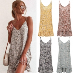 Women Summer Beach Floral Dress Loose V-neck Spaghetti Strap Short Mini Dress Party Evening Holiday Sun Dresses