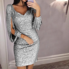 Women Dress Sexy V-neck Long Sleeve Sequin Shiny Bodycon Mini Short Dress Party Evening Birthday Women Dresses