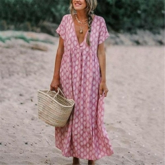 2019 Summer Women Boho Floral Short Sleeve Tunic Loose Beach Holiday Sundress Women Girl Casual Loose Print Holiday Long Dress