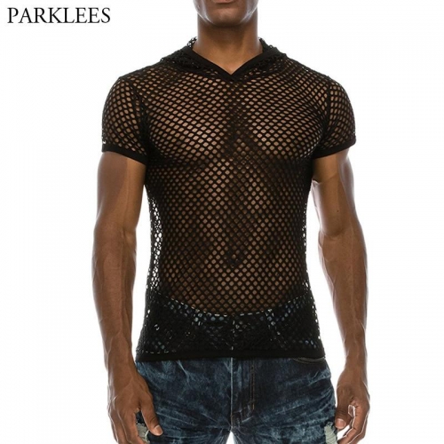 Men's Mesh See-through Fishnet Hooded T Shirt 2018 Fashion Sexy Short Sleeve Nightclub Wear T-shirt Men Streetwear Tops Tees 2XL