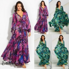 Womens Dress New Floral Printed Boho Long Sleeve Chffion Long Maxi Dress Summer Beach Plus Size Holiday Green Dresses Women 2019