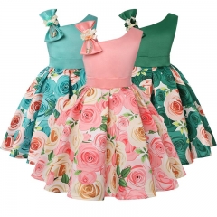 2019 new children's dress slant shoulder girl dress rose print dress dress party children's wear