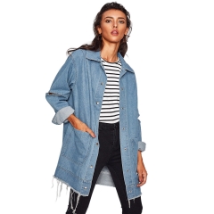 Diwish Women's Jackets Autumn Windbreaker Large Size Coat Female Tassel Solid Casual Long Clothes Hole Denim Turn-down Collar