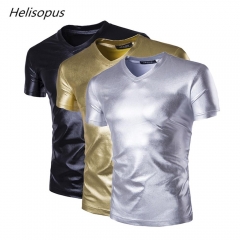 Helisopus Punk style Men's Metallic Shiny T-Shirt Top Club Wear V Neck Fancy Dress Pullover Slim fit PVC Leather t shirt men