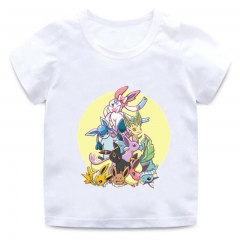 New boys and girls popular Pokemon cartoon print design T-shirt children's casual wear baby summer white round neck cotton soft