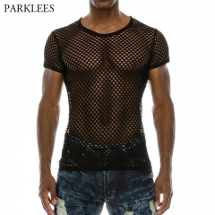 Men's Mesh See-through Fishnet T Shirt 2018 Fashion Sexy Short Sleeve Nightclub Wear T-shirt Men Party Perform Streetwear Tops