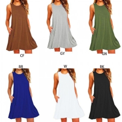 Women Summer Sleeveless Casual Swing Shirt Dresses Office Lady Female 2019 Loose Holiday Beach Cover up with Pockets Mini Dress