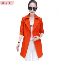 UHYTGF Spring Autumn Clothes Trench Coat Women Top And Blouses Thin Windbreaker Coats Fashion Double-breasted Slim Skirt Coat 22