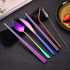 Rainbow Dinnerware Set 6pcs Portable Cutlery Set Metal Straw with Cleaner Brush Stainless Steel Colored  Travel Tableware Set