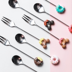 Cute Mickey Donut Candy Color Cartoon Stainless Steel Ice Cream Fruit Coffee Fork  Spoon Teaspoon Kitchen Supplies Tableware