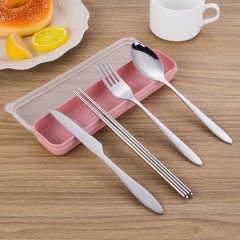 4 pcs Portable Outdoor Stainless Steel Tableware Set Cutlery Fork Spoon Chopsticks Flatware Set Travel Dinner Set with Box