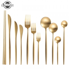 Gold Cutlery Set 18/10 Stainless Steel Cutlery Set Chopsticks Butter Knife Dessert Spoon Dinner Fork Tea Ice Spoon Tableware Set