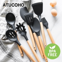 Silicone Kitchen Tools Cooking Sets Soup Spoon Spatula Non-stick Shovel with Wooden Handle Special Heat-resistant Design