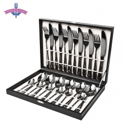 24 PCS Dinnerware Set Black Gold Stainless Steel Flatware Sets Tableware Cutlery Spoon Set Party Supplies Kitchen Wood Gift Box