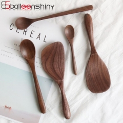 BalleenShiny Black Walnut Coffee Honey Spoons Wooden Japanese Style Stir Long Scoop Large Soup Rice Spoon Kitchen Tableware Gift