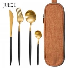 JueQi Dinnerware Set Stainless Steel Plating Gold Blue Black Knife Fork Tableware Cutlery  Western Food Camping Tableware Bag