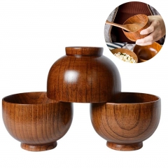 Durable Japanese Style Wooden Bowl Soup/Salad Rice Noodles Bowls Natural Wood Eating Bowl for Children Tableware