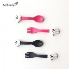 Tableware 2pcs/set Cute Mickey Mouse Spoon Fork Claw Teapoon Plastic PP Kids Dinnerware Sets @