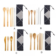 Bamboo Cutlery Spoon Straw Cutlery Set Portable Japanese Kitchen School Work Travel Tableware Cooking Tools Storage Bag