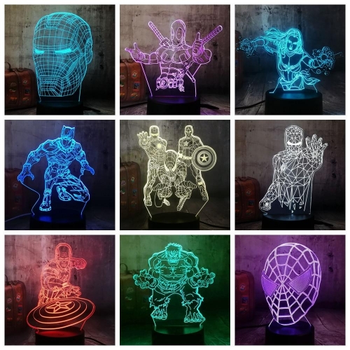 Cool Marvel The Avengers Spider iron Man Hulk Deadpool 3D LED Night Light Multicolor RGB Bedroom Decor Kids Christmas Gift Toys