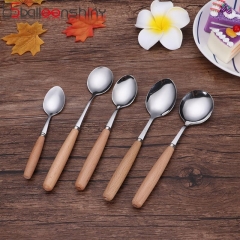 BalleenShiny Stainless Steel Coffee Dessert Spoon Wooden Handle Mirror Polished Tableware Honey Ice-cream Jam Soup Spoon Supply