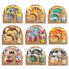 5pcs/set Cartoon Animal Plate+Bow+Fork+Cup Baby Dinnerware Feeding Set Bamboo Fiber Baby Children Container Tableware Set