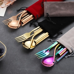 8pcs/set Stainless Steel Cutlery Set Colorful Portable Dinnerware Rainbow Dinner Set Travel Dinner Knife Tableware Sets Pouch