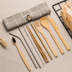 Dinnerware Set Wooden Spoon Fork Knife Set Bamboo Cutlery Tableware Set Wood Straw with Travel Cloth Bag Chopsticks Wholesale