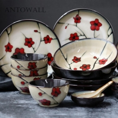 ANTOWALL Japanese Porcelain Red Plum Tableware Household Dinner Set Ceramic Plate Deep Dish Soup Rice bowl Small Soy Sauce Dish