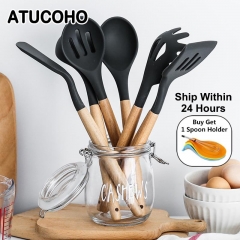 12PCS Silicone Kitchen Tools Cooking Sets Turner Soup Spoon Spatula Brush Non-stick Shovel with Wooden Handle Cooking Tools