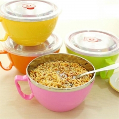 600ml Noodle Bowl With Lid Handle Stainless Steel Plastic Leak-Proof Food Container Rice Soup Bowls E2S