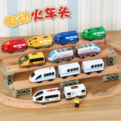 Kids Electric Train Toys Magnetic Slot Diecast Electric Railway with Two Carriages Train Wood Toy FIT T-hmas Wooden Brio Tracks