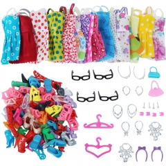 42 Item/Set Doll Accessories = 10Pcs Shoes + 8 Necklace 4 Glasses 2 Crowns 2 Handbags + 8 Pcs Doll Dress Clothes for Barbie Doll