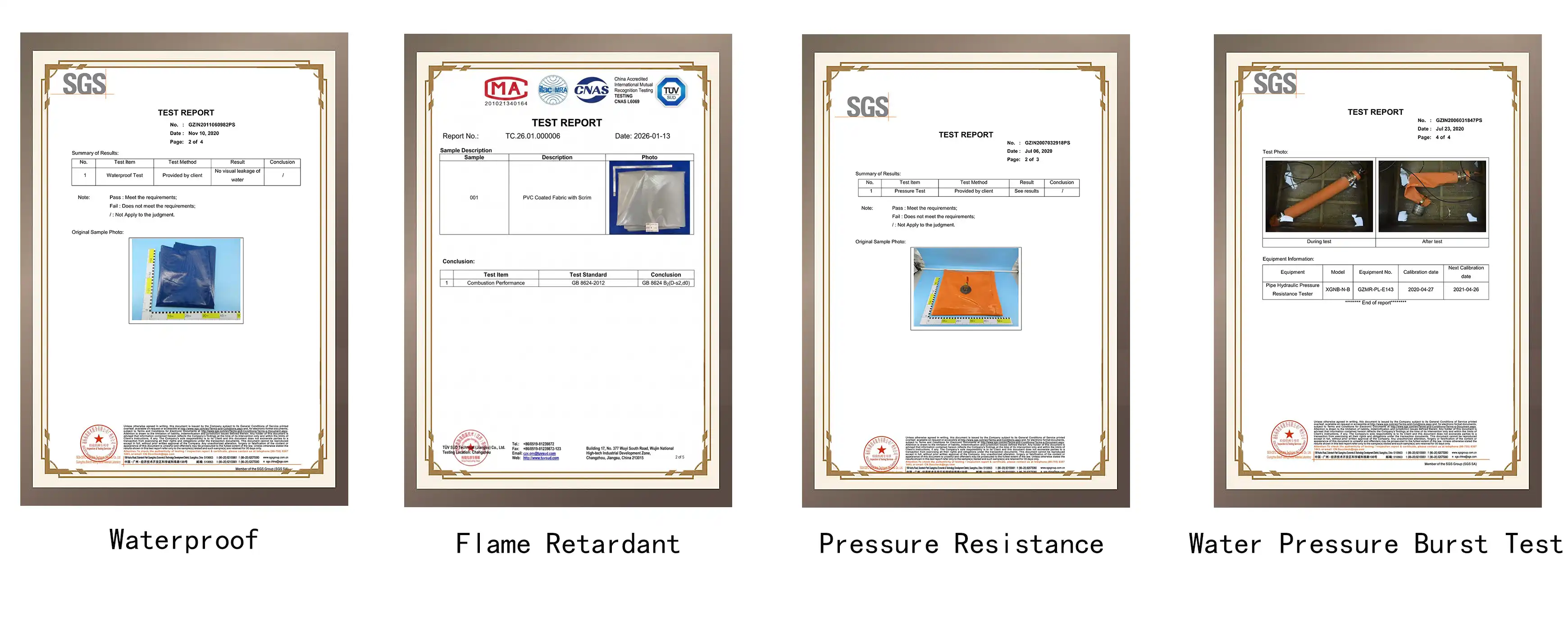 SGS test reports of raw material waterproof & strength