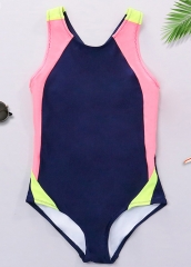 背部镂空彩色混合拼接儿童连体泳衣