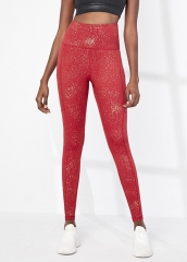 新款跨境红色印金色斑点高腰运动健身瑜伽紧身裤