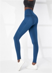 跨境热销女式深蓝色纯色高腰运动瑜伽裤带口袋