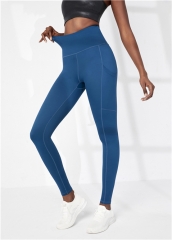 跨境热销女式深蓝色纯色高腰运动瑜伽裤带口袋