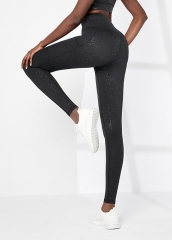 黑色反光黑点点高腰女士运动瑜伽裤带口袋紧身裤现货