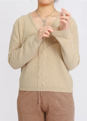 女式针织毛衣宽松V领毛衣油炸面团扭曲设计秋冬时尚针织运动衫