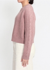 女式套头衫圆领针织纯粉色宽松针织毛衣