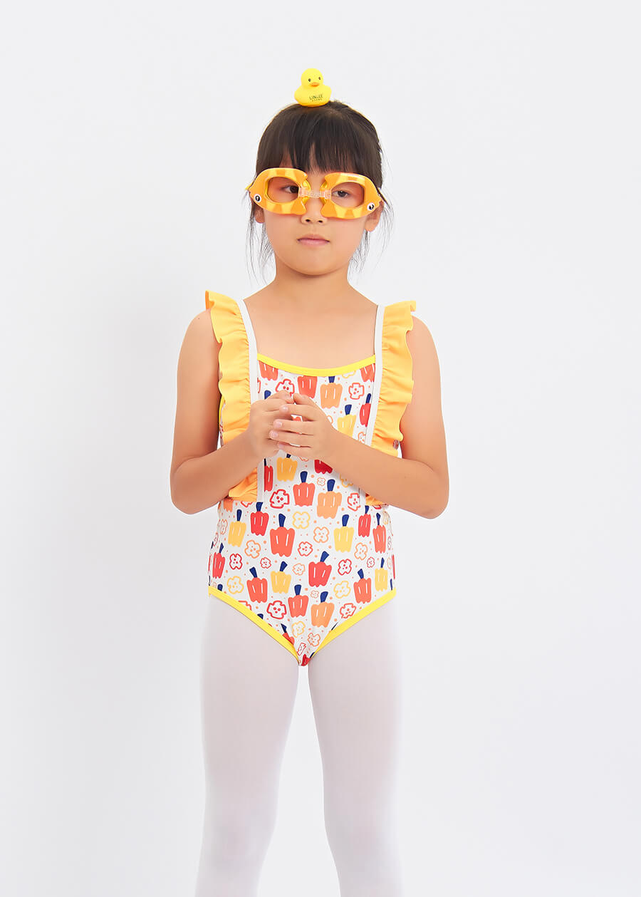 速干荷叶肩带升华水果图案女童连体泳衣