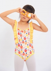 速干荷叶肩带升华水果图案女童连体泳衣