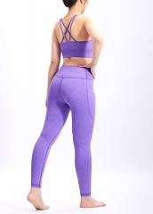 紫色压花防震透气瑜伽文胸紧身健身服长裤套装定制logo