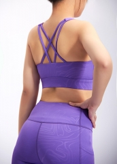 紫色压花防震透气瑜伽文胸紧身健身服长裤套装定制logo