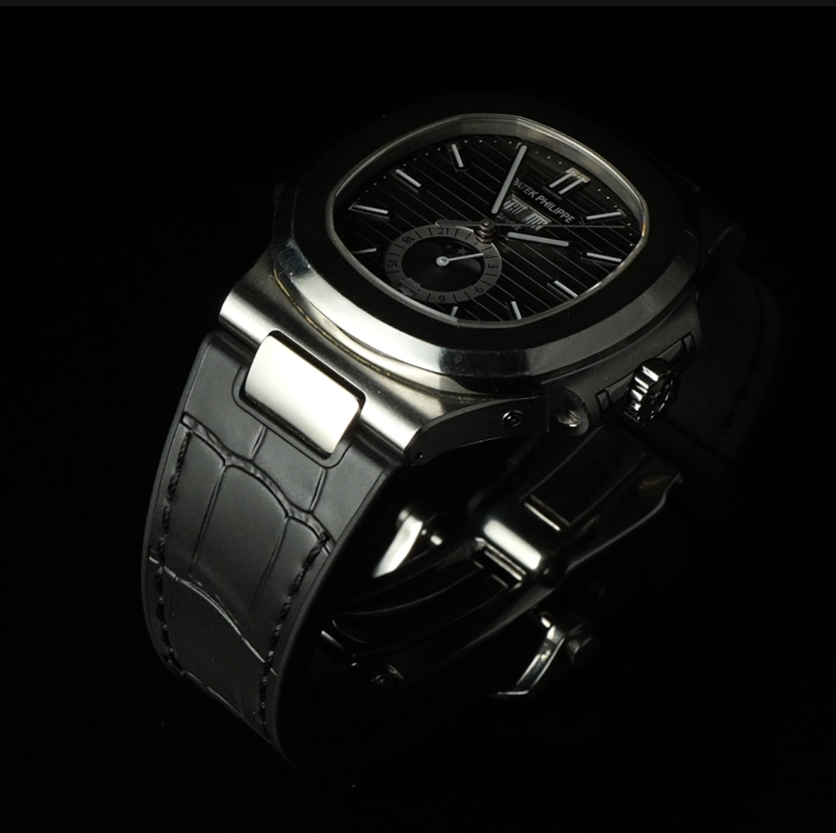 维瑞亚仿真鳄鱼皮纹橡胶表带适用于百达翡丽鹦鹉螺 5712 玫瑰金 白金 配外置头粒钢带款套餐