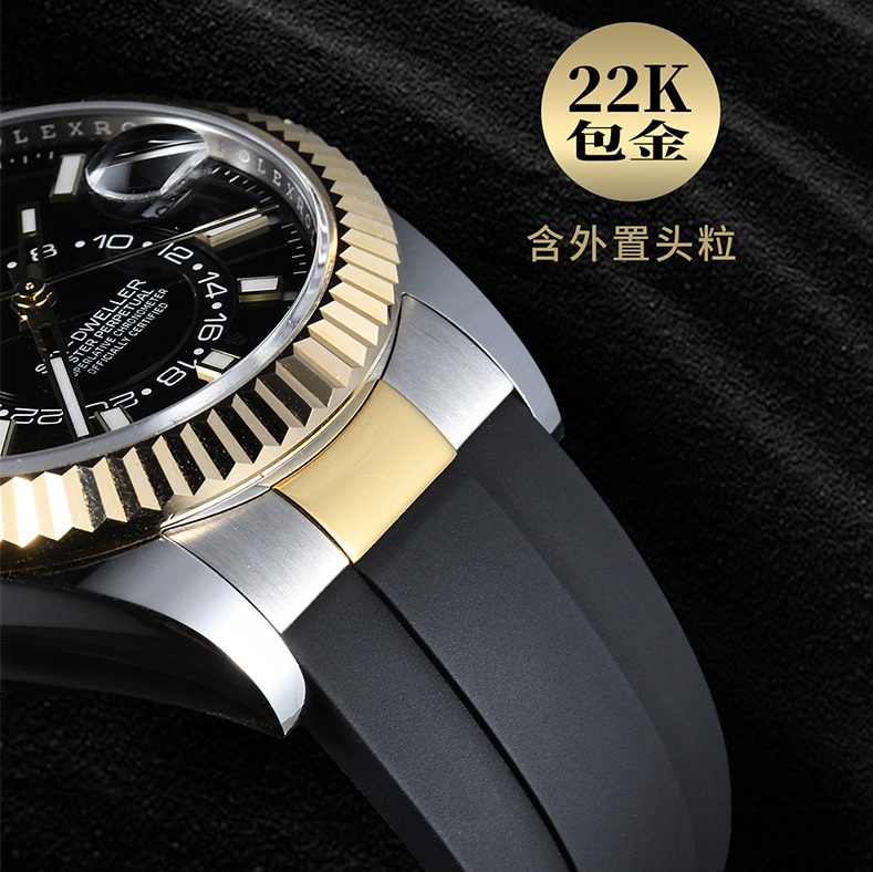 【22K间金头粒+无减震胶带】维瑞亚Vagenari橡胶表带适用于劳力士纵航者42mm含外置头粒