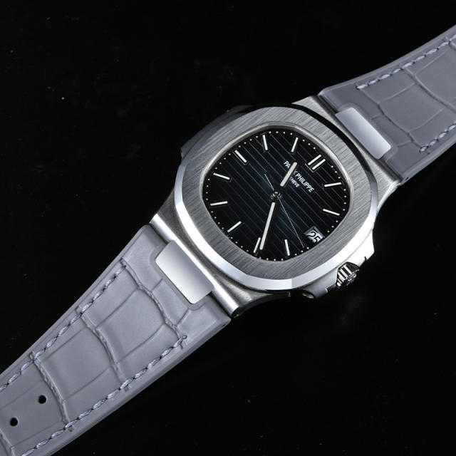 【含外置头粒+折叠扣】仿真鳄鱼皮橡胶表带适用鹦鹉螺5711钢带款